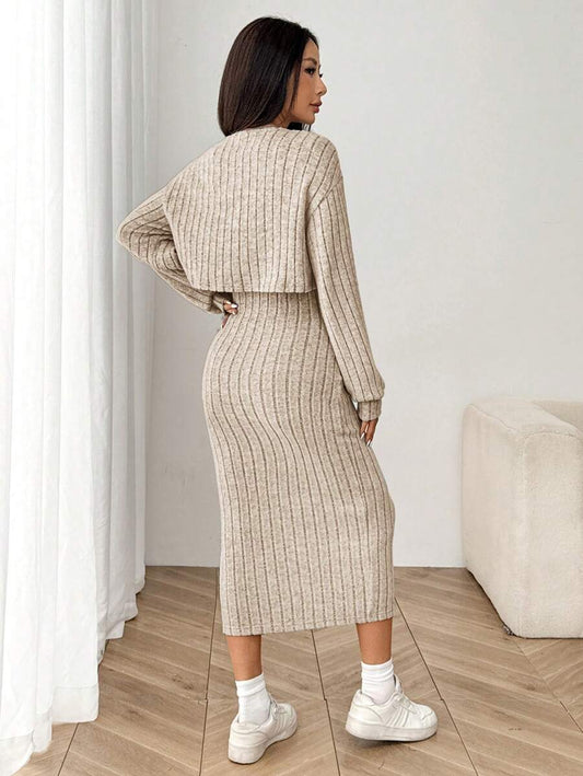 Ribbed Knit Button Jacket and Midi Dress Set