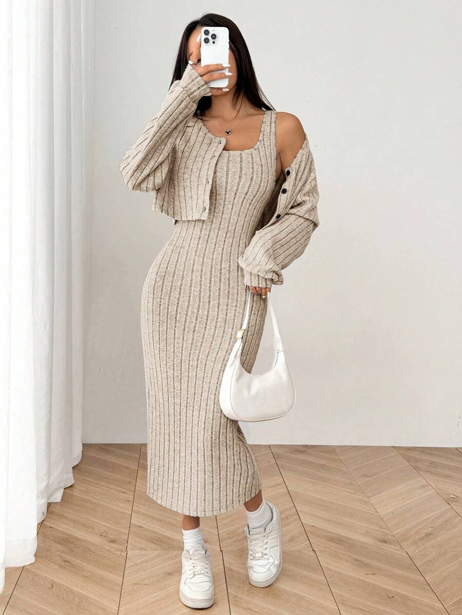 Ribbed Knit Button Jacket and Midi Dress Set