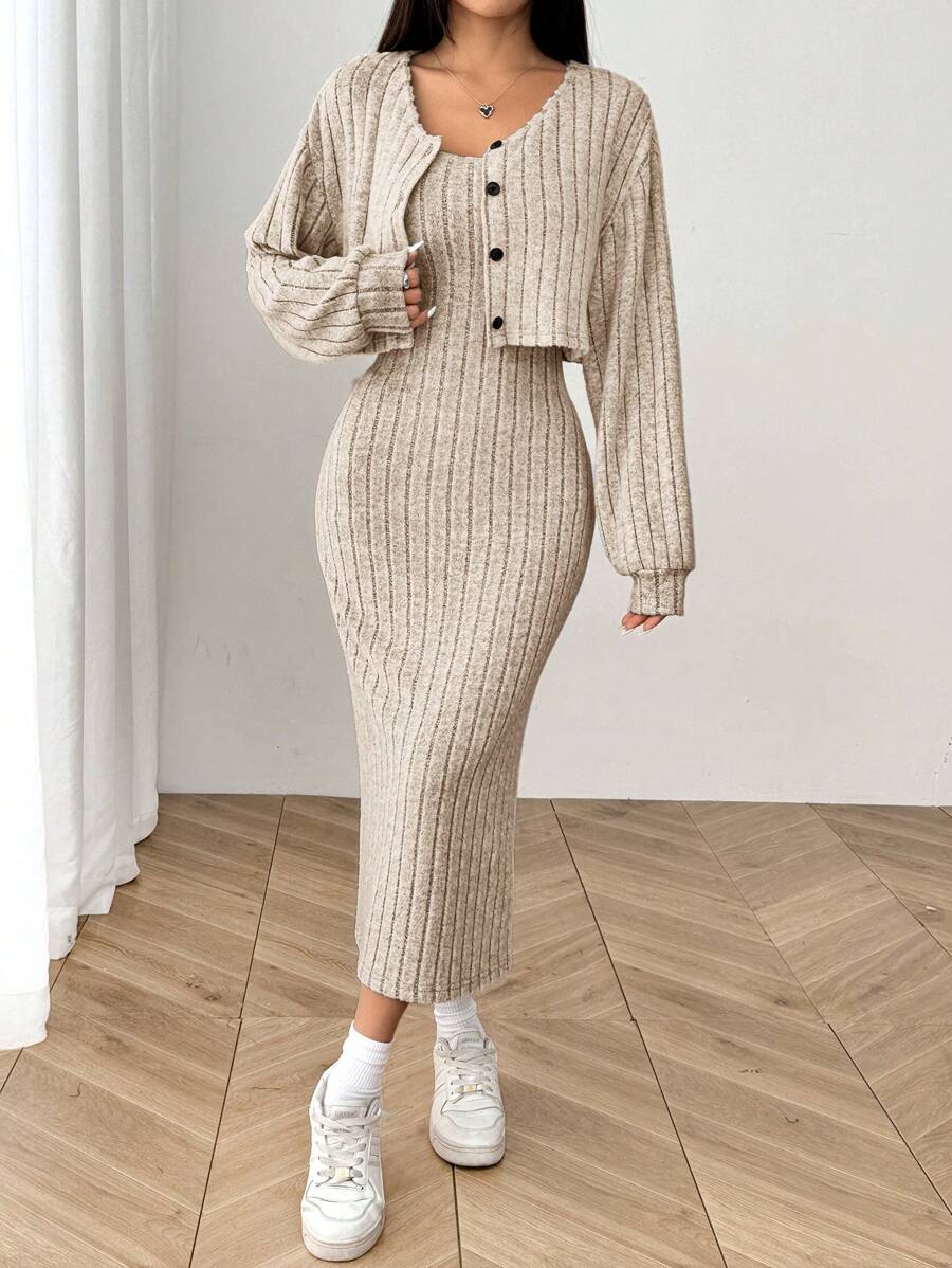 Ribbed Knit Button Jacket and Midi Dress Set