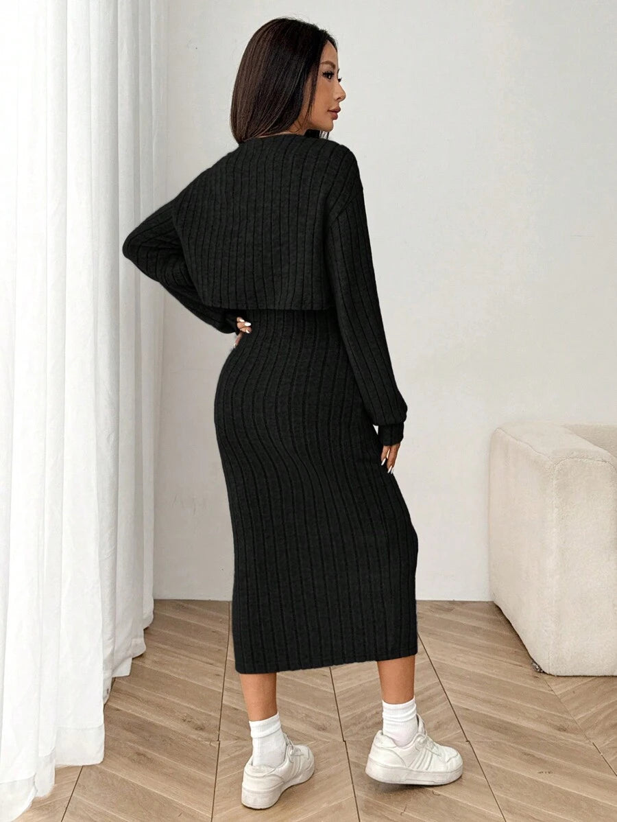 Ribbed Knit Button Jacket and Midi Dress Set