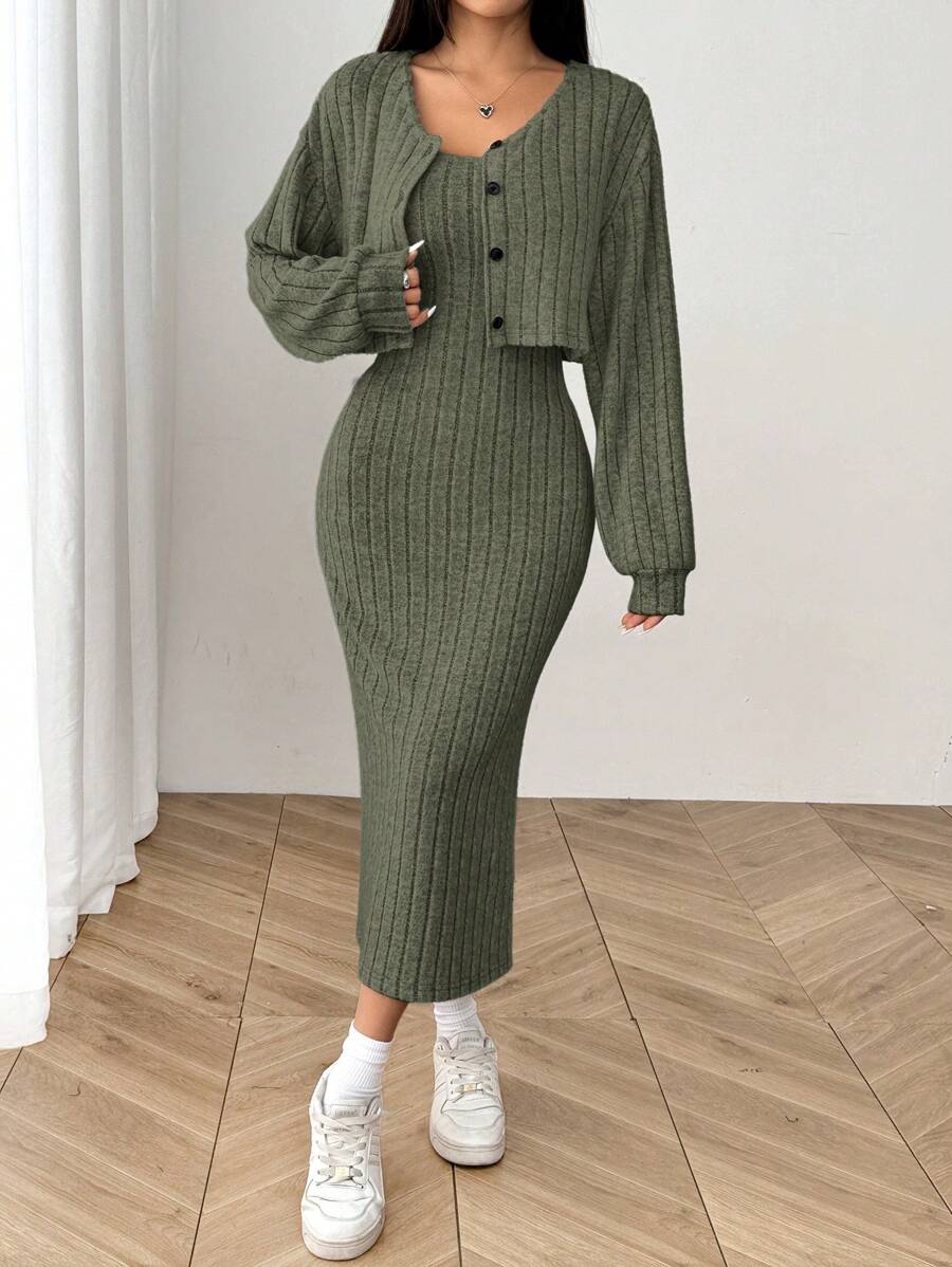 Ribbed Knit Button Jacket and Midi Dress Set