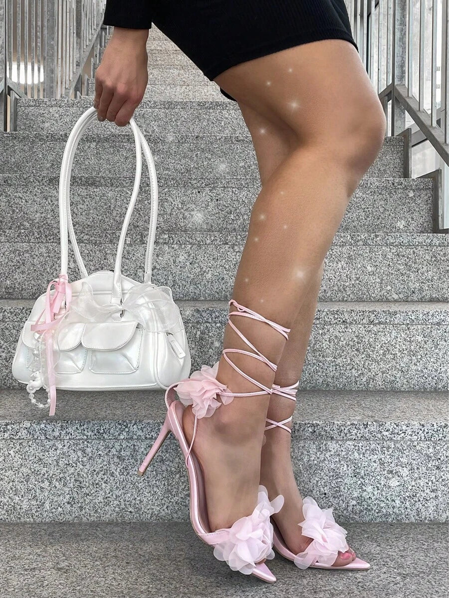 3D Floral Lace Up Stiletto