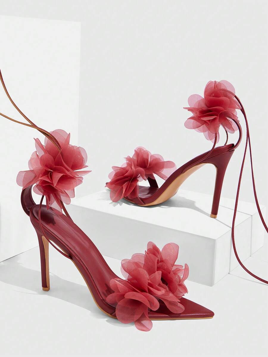 3D Floral Lace Up Stiletto