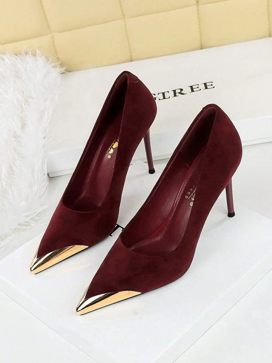 Metal Toe Cap Suede Stiletto Heels