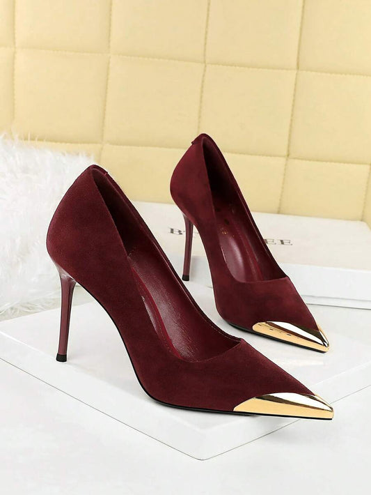 Metal Toe Cap Suede Stiletto Heels