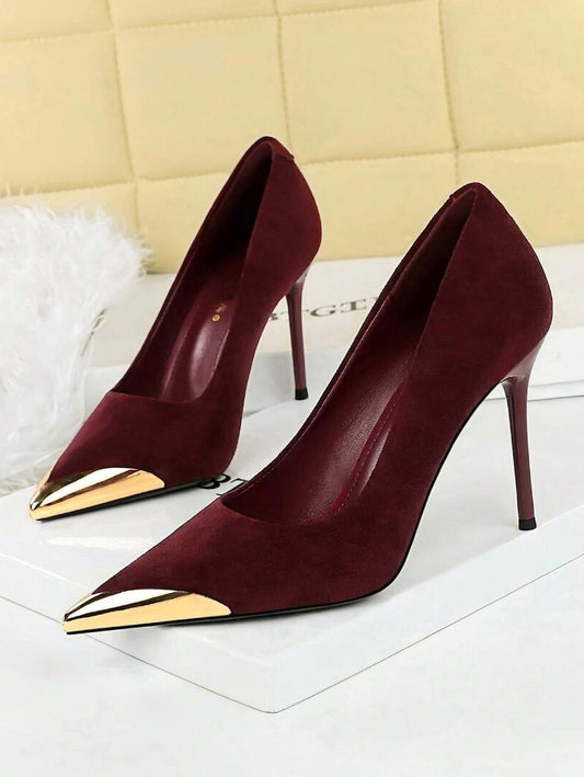 Metal Toe Cap Suede Stiletto Heels