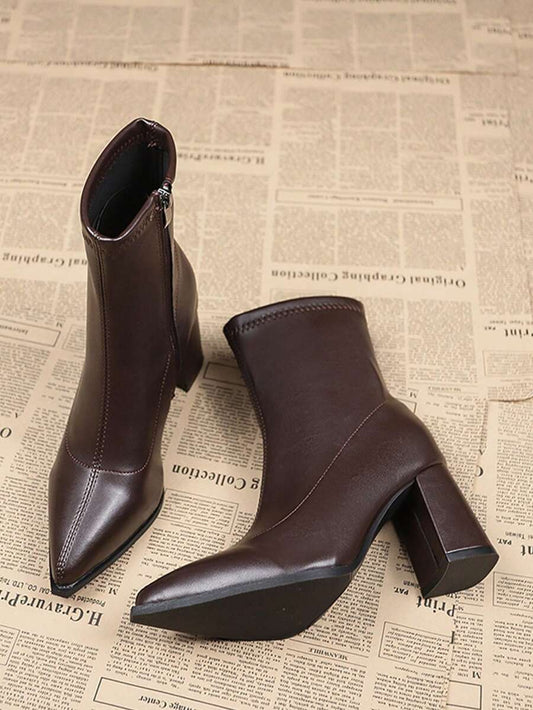 Pointed Toe Side Zip Chunky Heel Ankle Boots