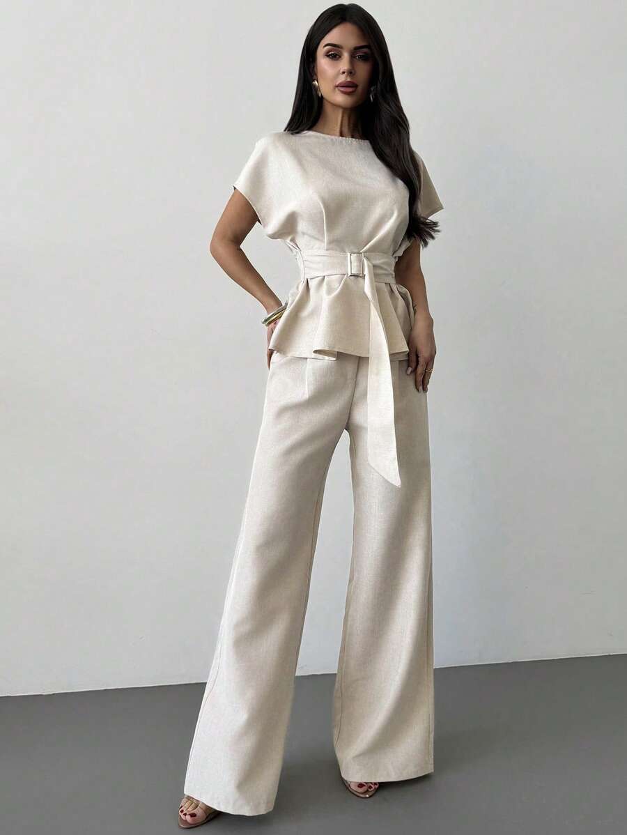 Linen Blend Belted Shirt and Wide Leg Pants Set