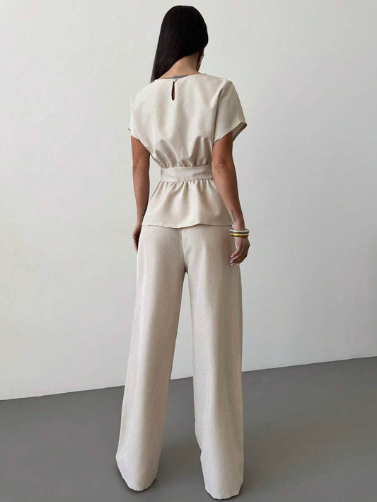Linen Blend Belted Shirt and Wide Leg Pants Set
