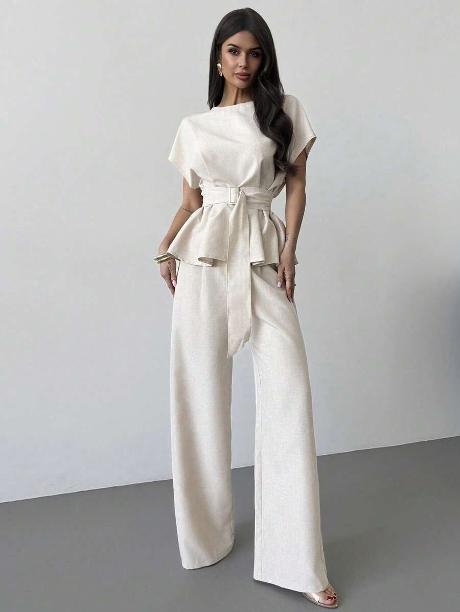Linen Blend Belted Shirt and Wide Leg Pants Set