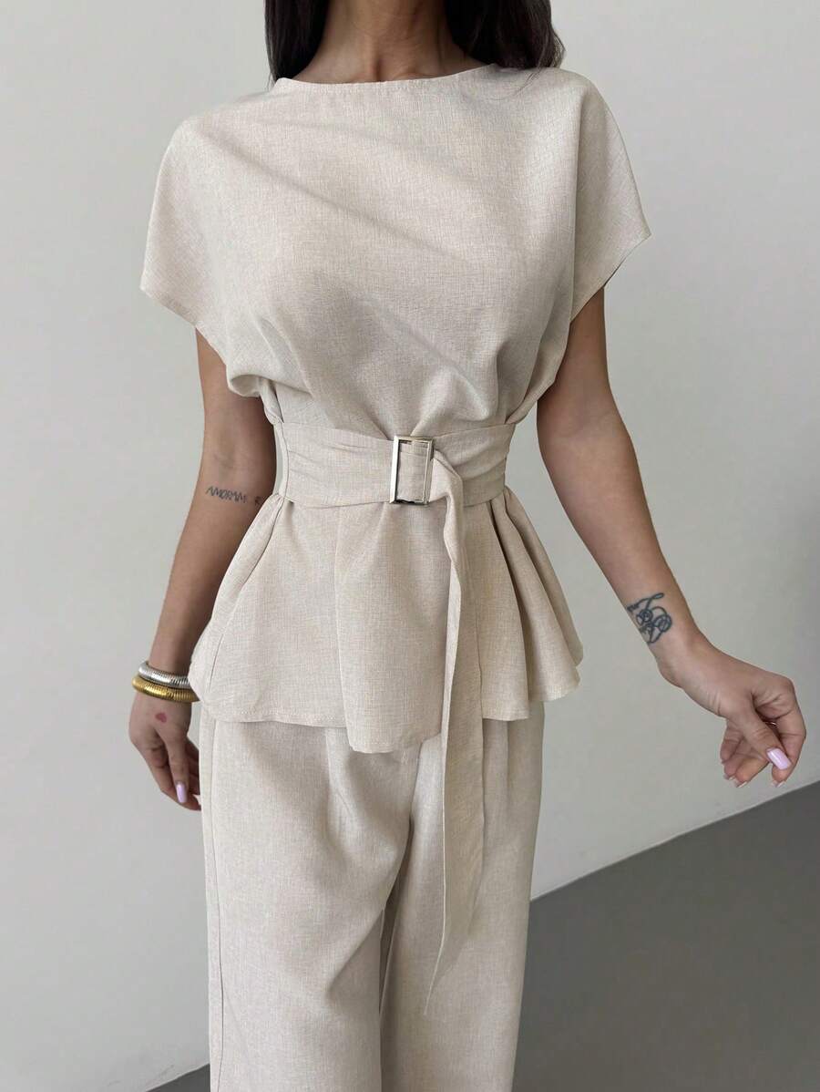 Linen Blend Belted Shirt and Wide Leg Pants Set