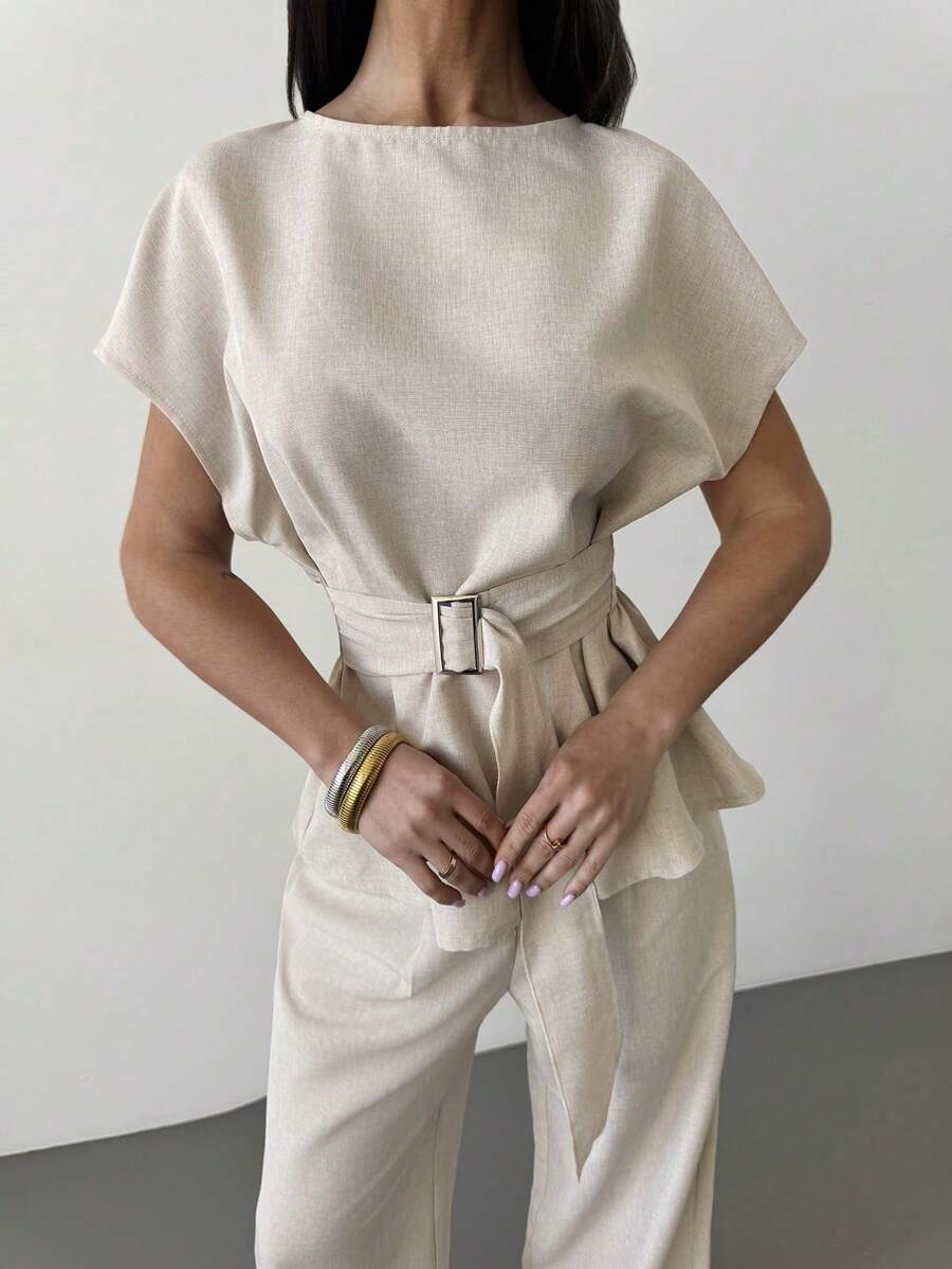 Linen Blend Belted Shirt and Wide Leg Pants Set