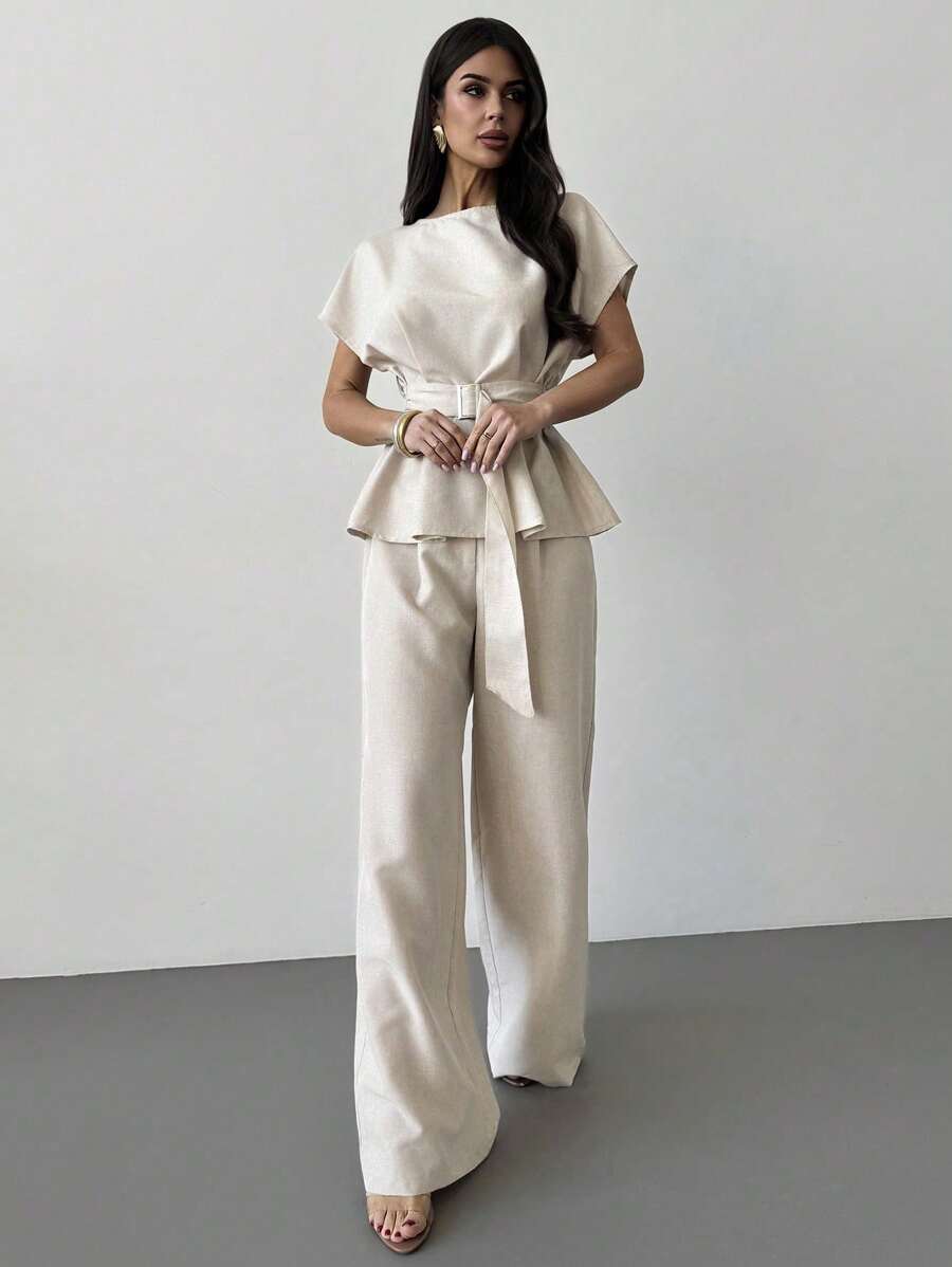 Linen Blend Belted Shirt and Wide Leg Pants Set