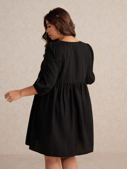 Plus Size Embroidered V Neck A Line Dress