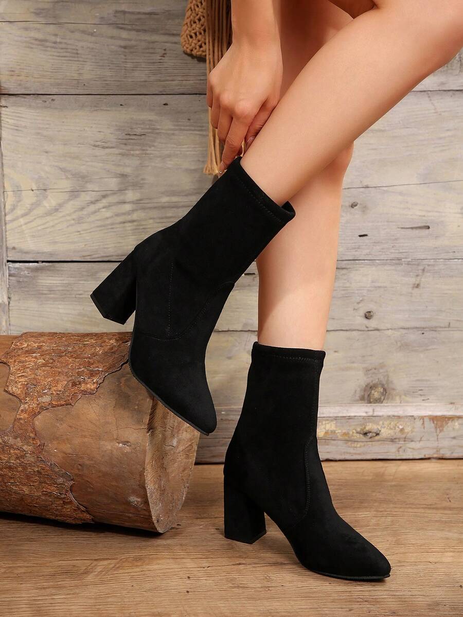Pointed Toe Block Heel Sock Boots