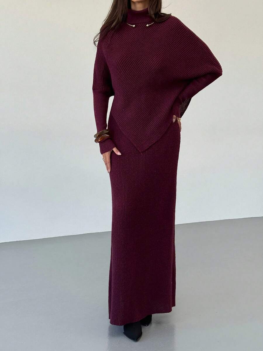 Ribbed Knit High Neck Sweater and Skirt Set