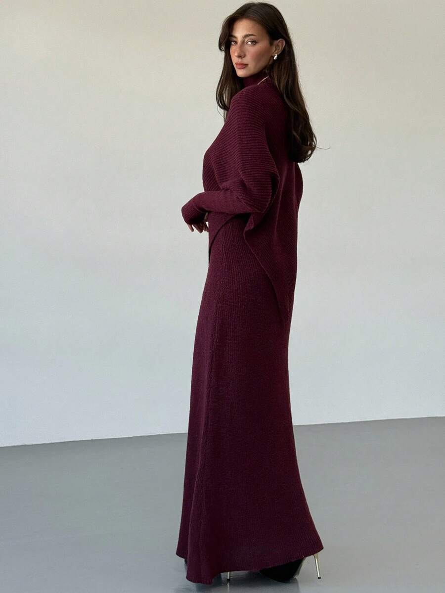 Ribbed Knit High Neck Sweater and Skirt Set