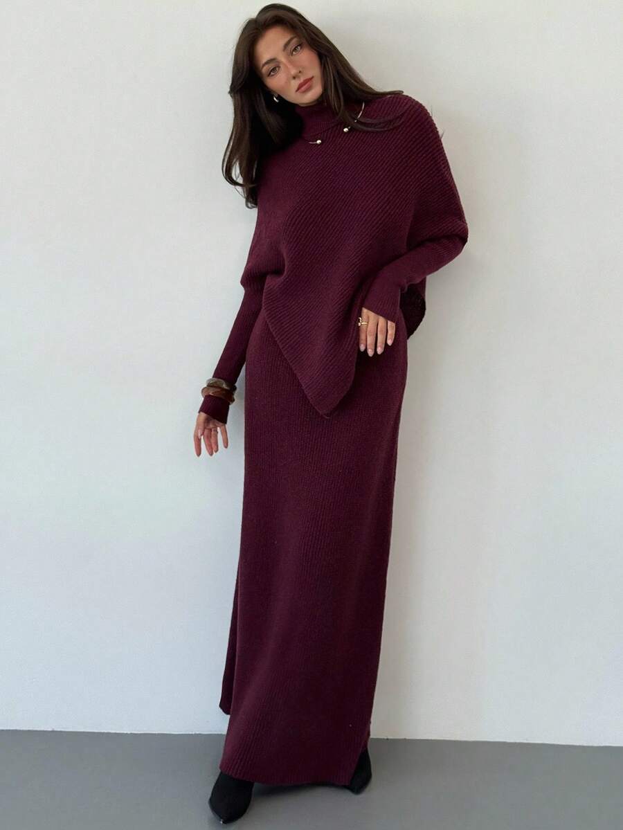 Ribbed Knit High Neck Sweater and Skirt Set
