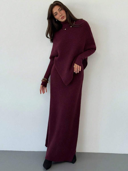Ribbed Knit High Neck Sweater and Skirt Set