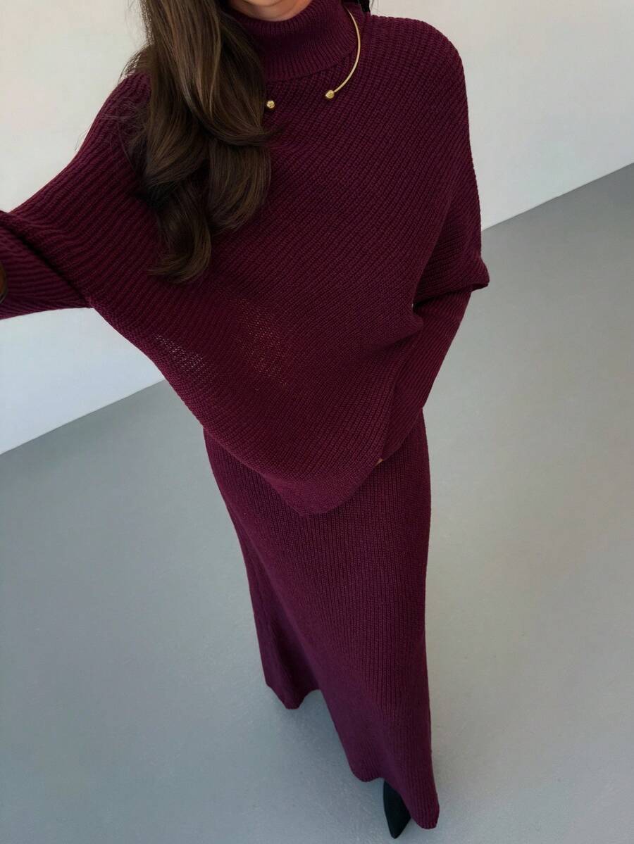 Ribbed Knit High Neck Sweater and Skirt Set