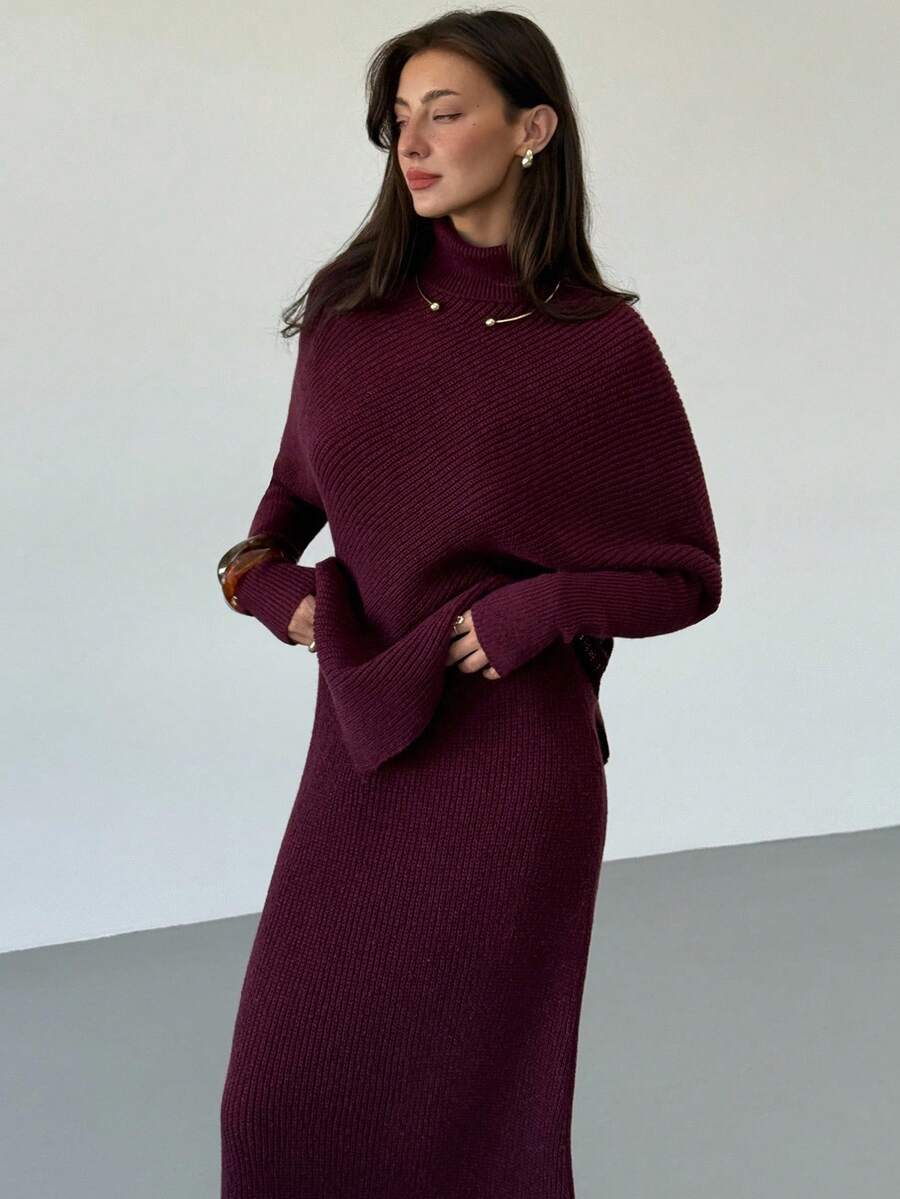 Ribbed Knit High Neck Sweater and Skirt Set