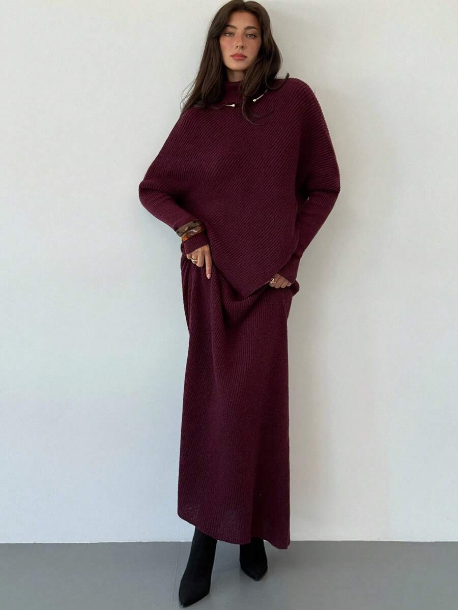 Ribbed Knit High Neck Sweater and Skirt Set