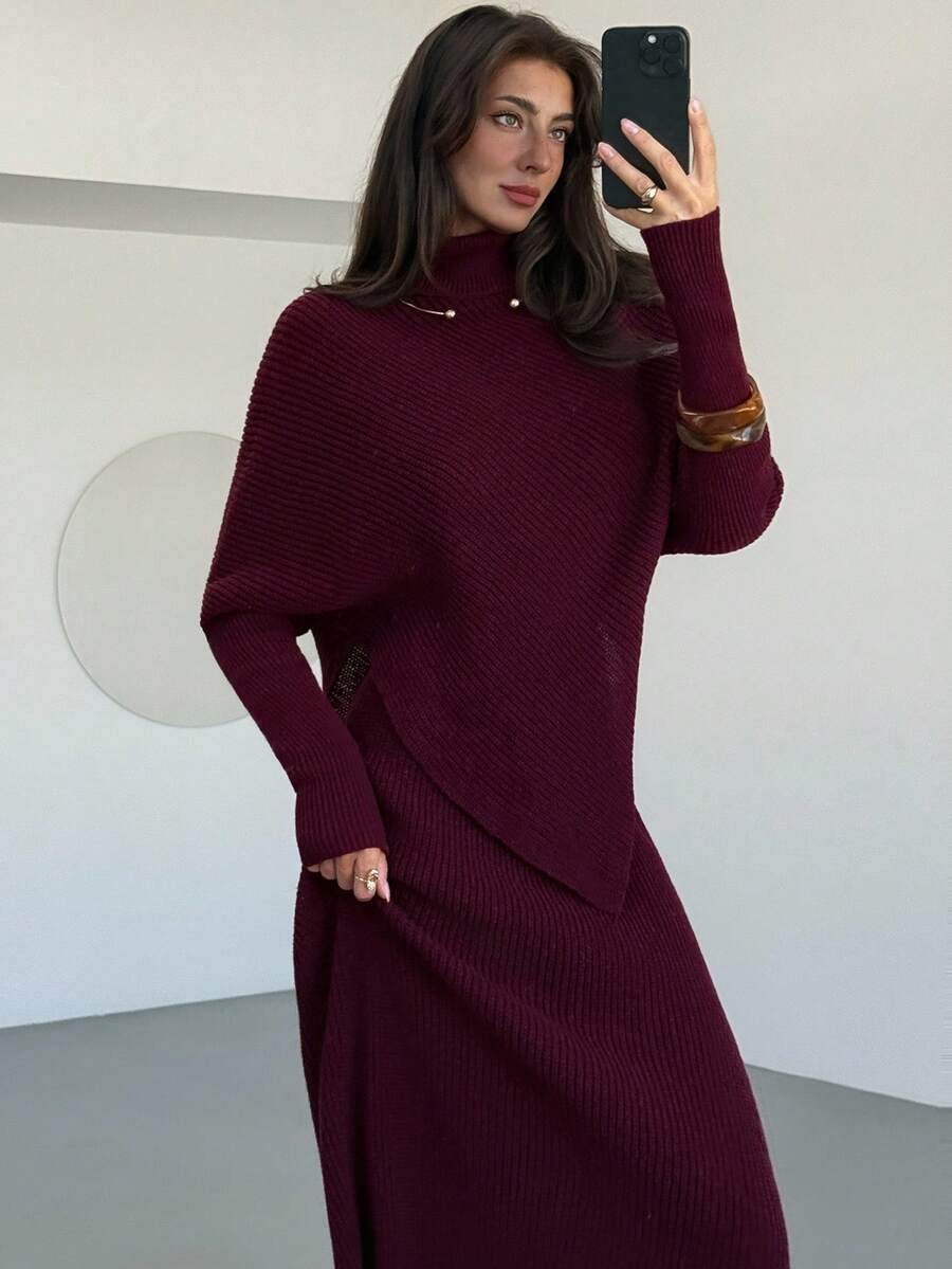 Ribbed Knit High Neck Sweater and Skirt Set