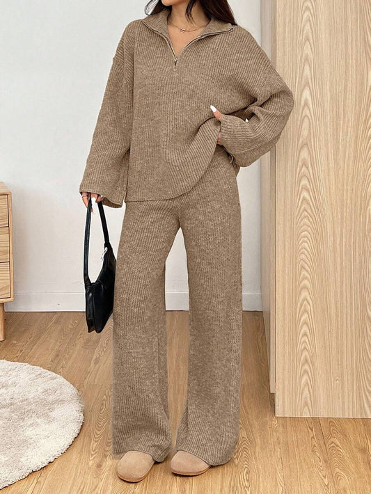 Zip Collar Sweater and Knit Pants Set
