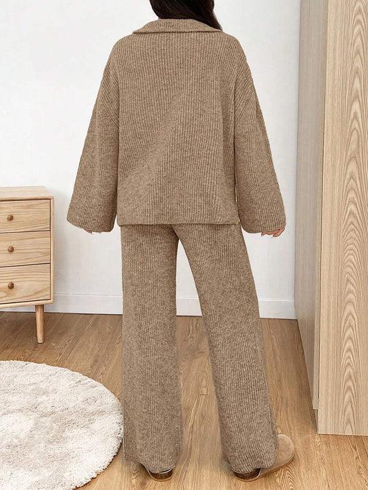 Zip Collar Sweater and Knit Pants Set
