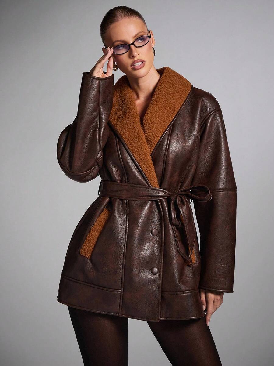 Belted Shawl Collar Faux Fur Jacket