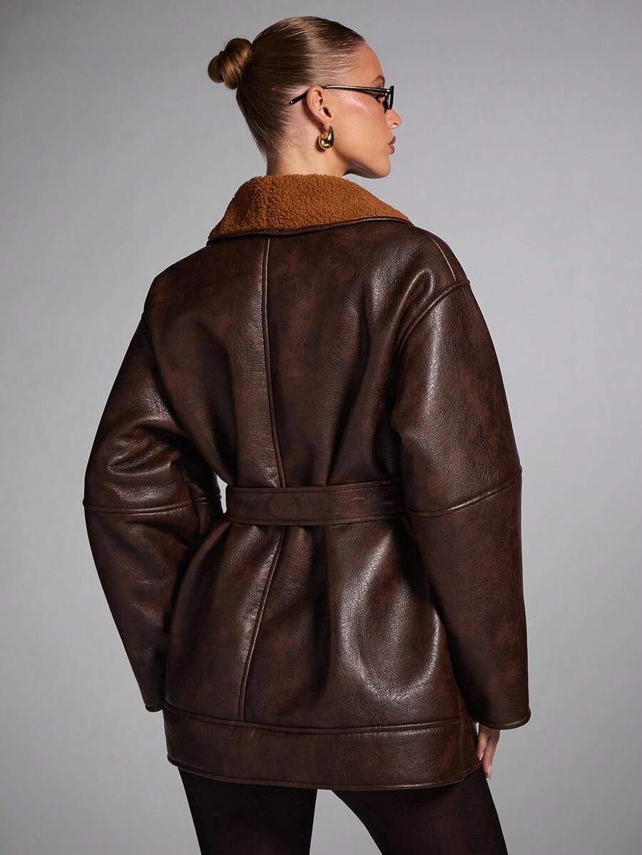 Belted Shawl Collar Faux Fur Jacket