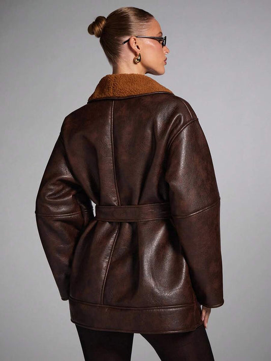 Belted Shawl Collar Faux Fur Jacket