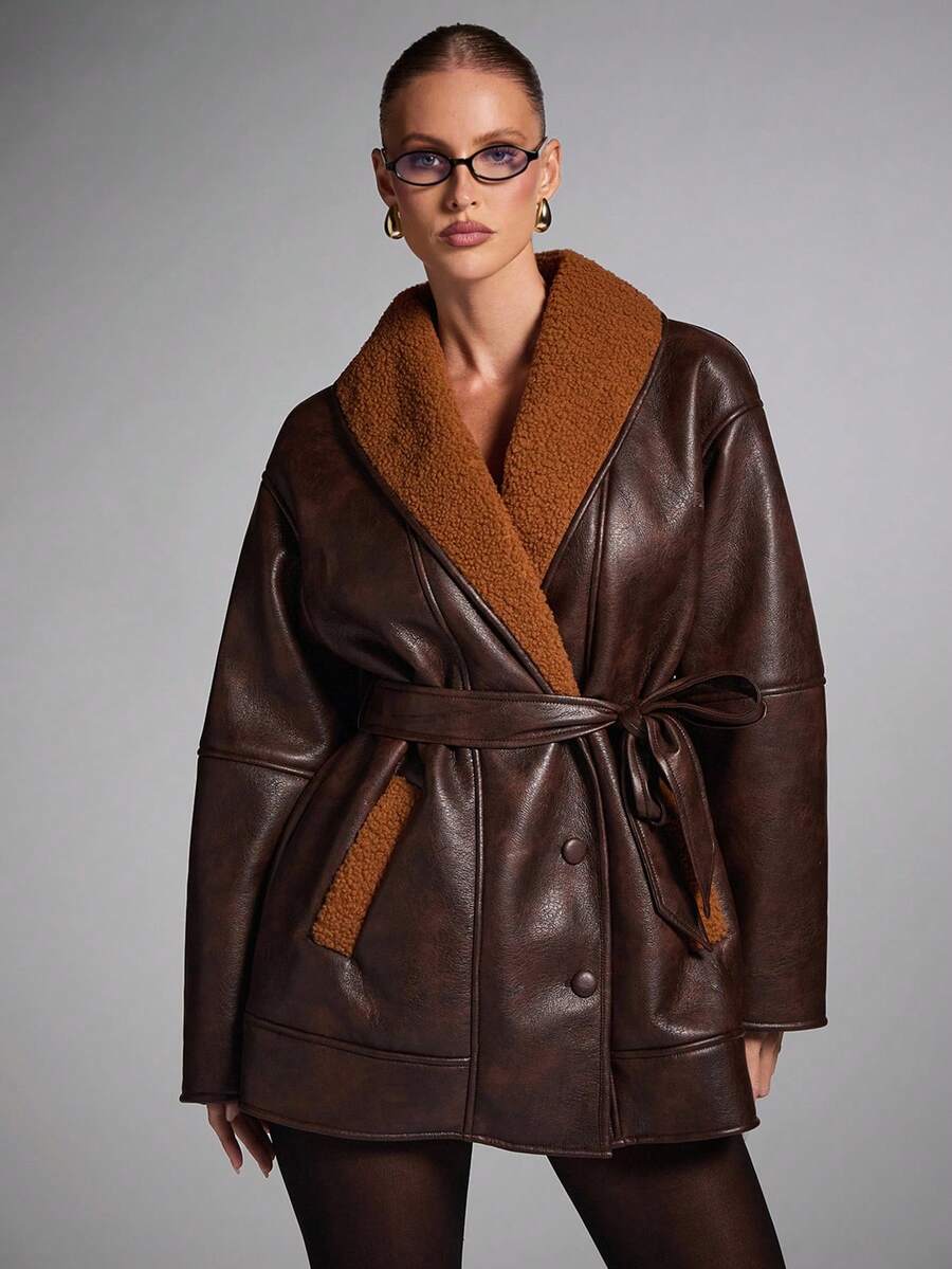 Belted Shawl Collar Faux Fur Jacket