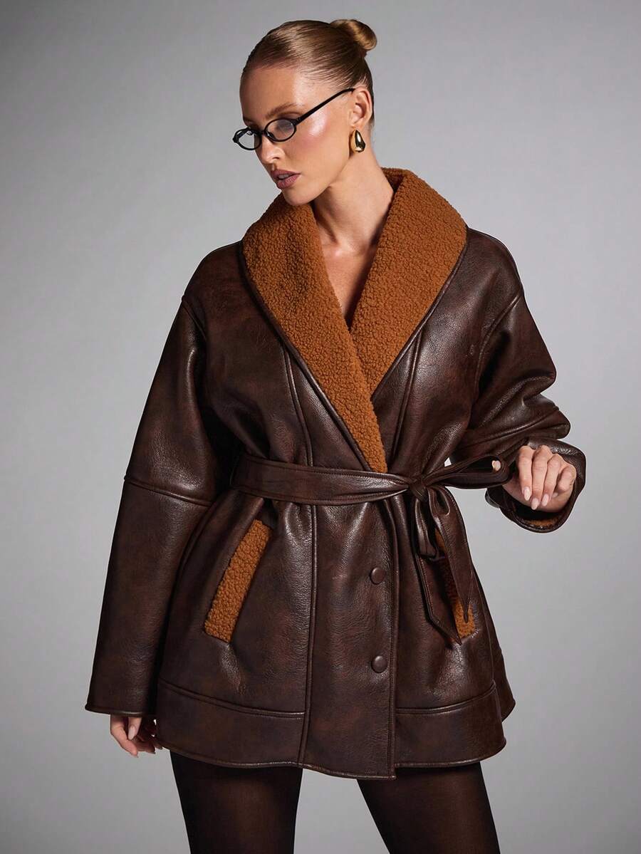 Belted Shawl Collar Faux Fur Jacket
