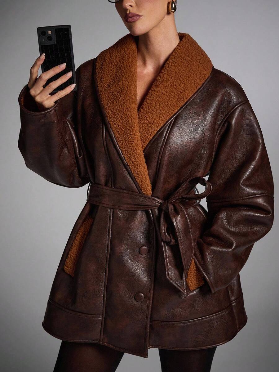 Belted Shawl Collar Faux Fur Jacket