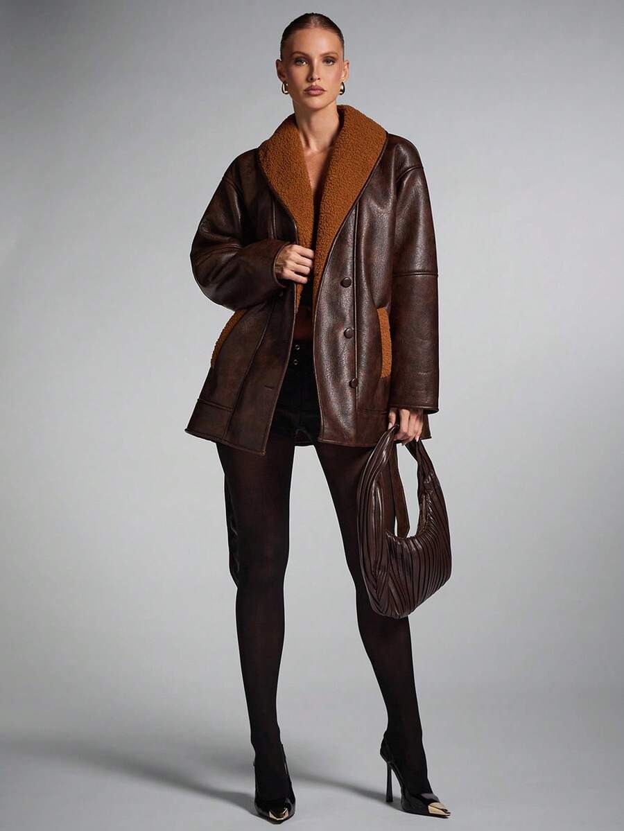 Belted Shawl Collar Faux Fur Jacket