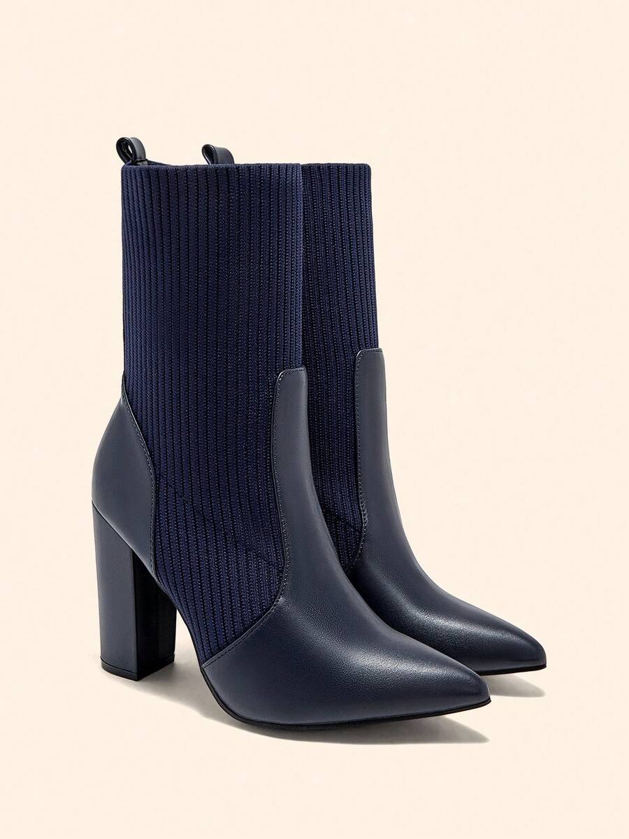 Pointed Toe Stretch Block Heel Ankle Boots