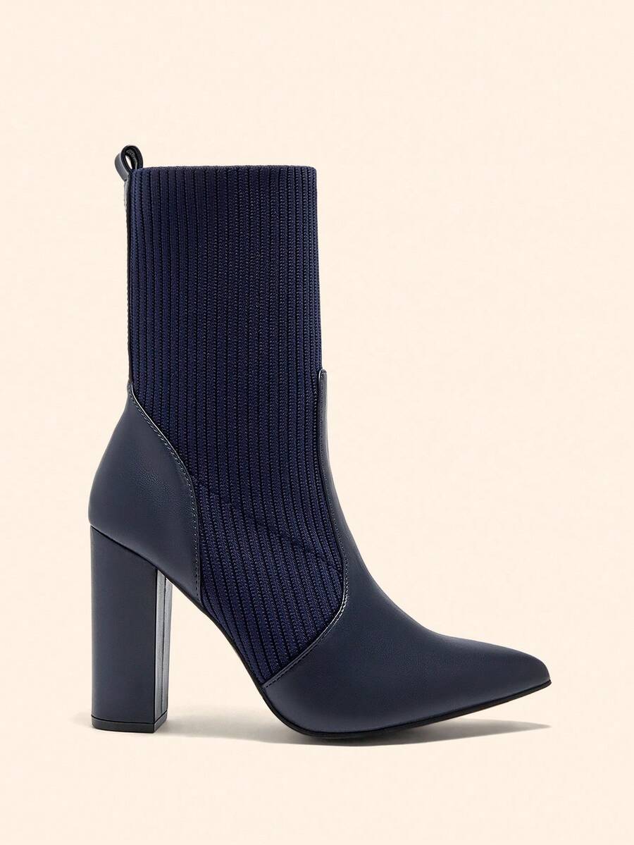Pointed Toe Stretch Block Heel Ankle Boots