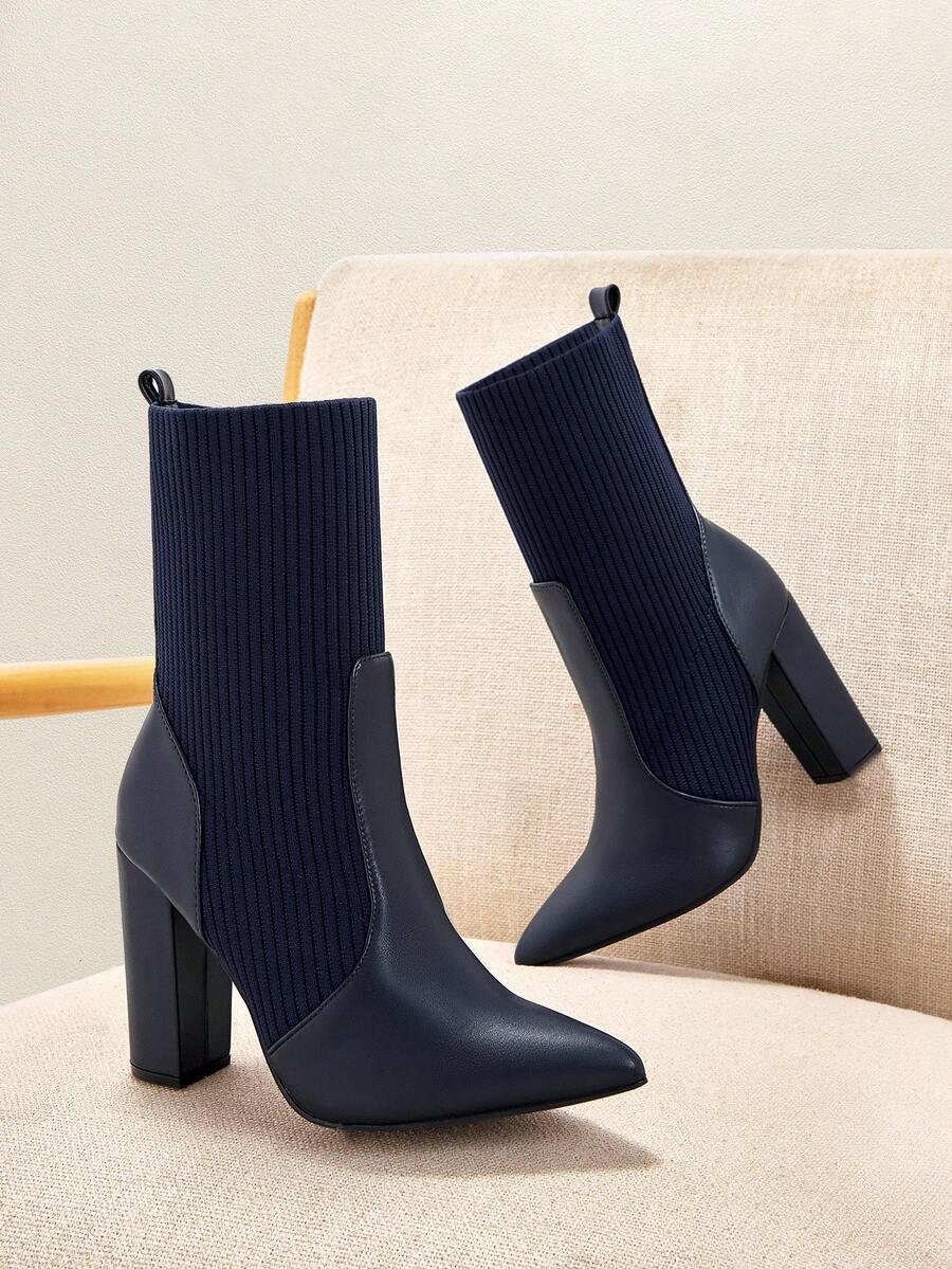 Pointed Toe Stretch Block Heel Ankle Boots
