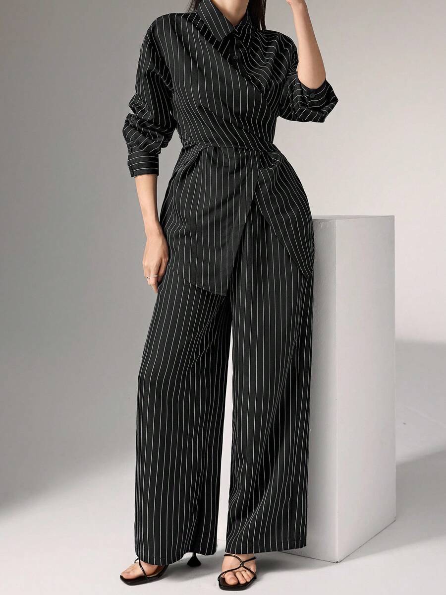 Cinched Waist Wrap Shirt and Pants Set