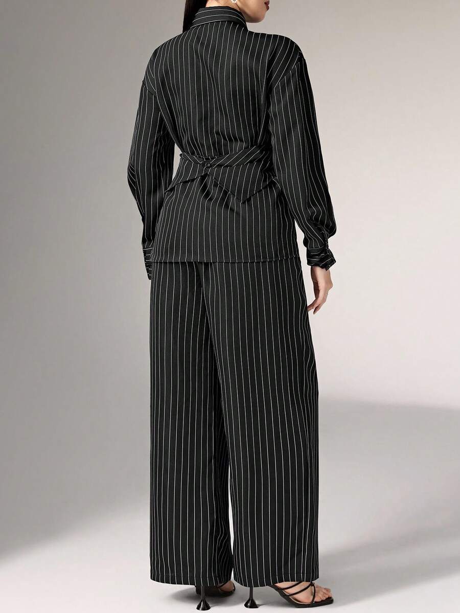 Cinched Waist Wrap Shirt and Pants Set