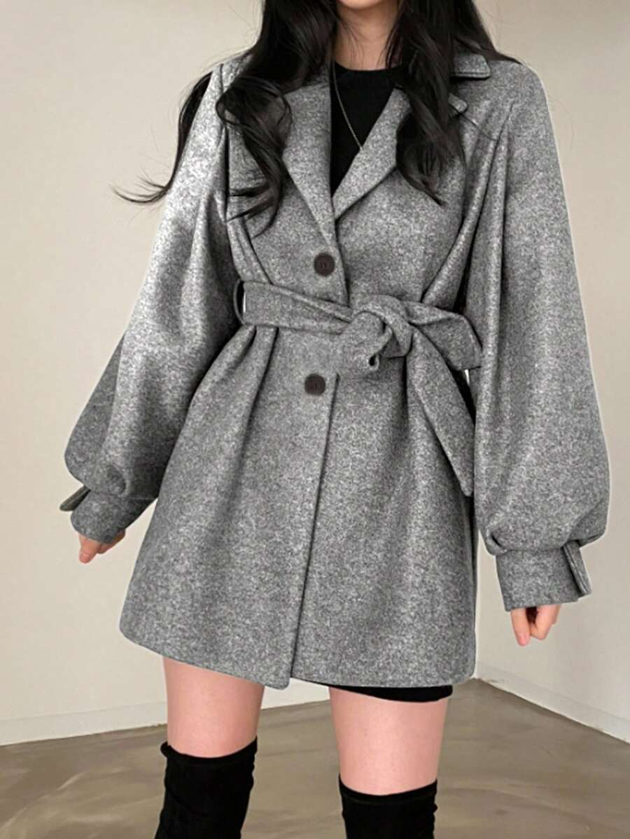 Belted Tweed Double Breasted Long Jacket