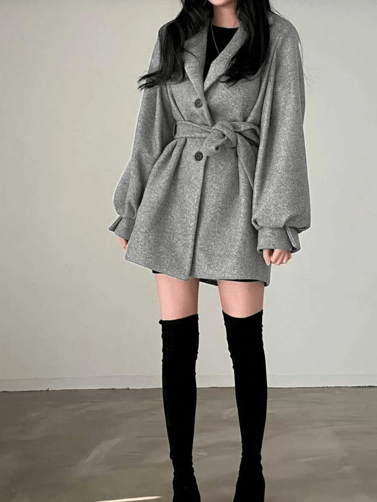 Belted Tweed Double Breasted Long Jacket
