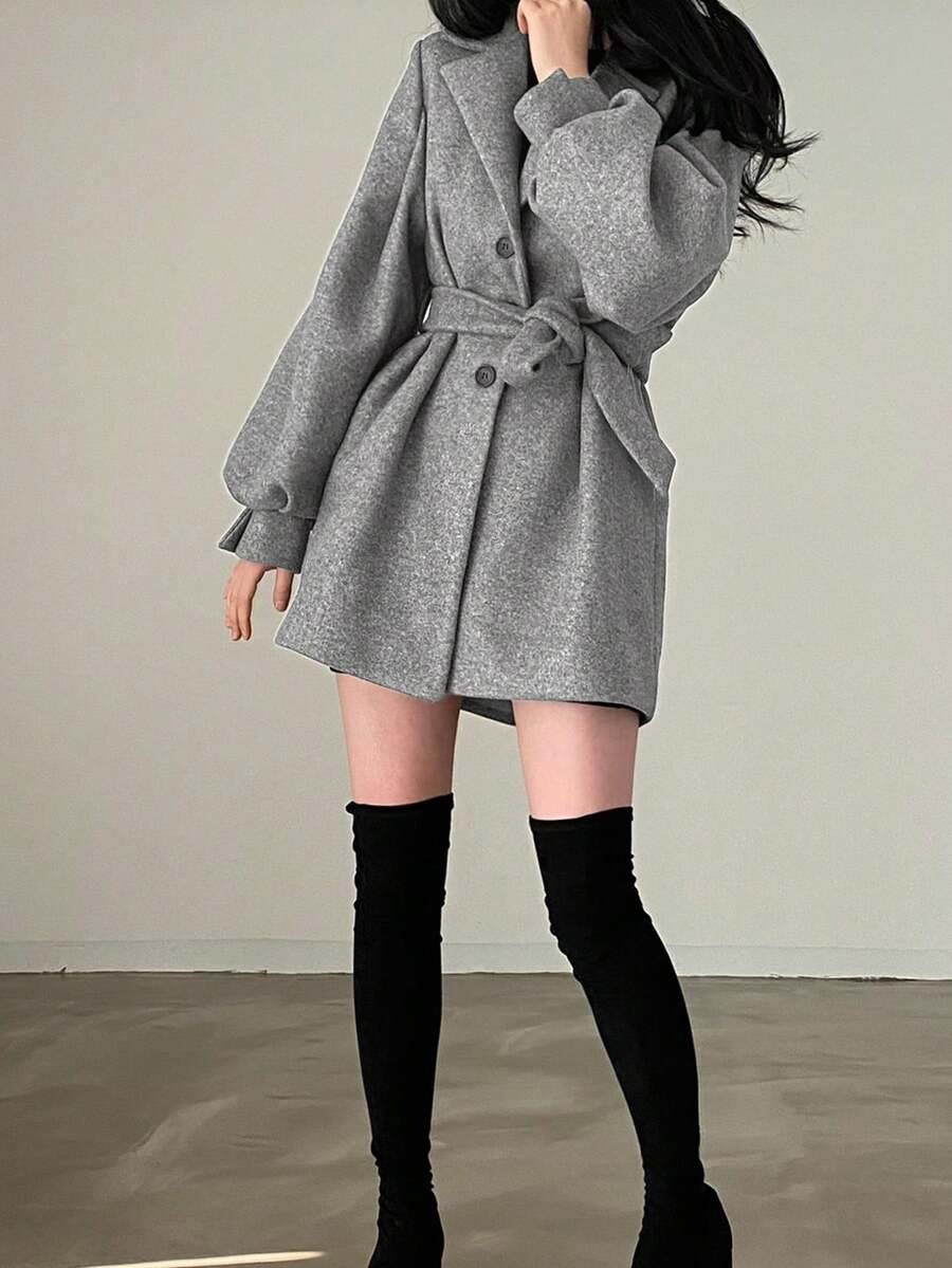 Belted Tweed Double Breasted Long Jacket