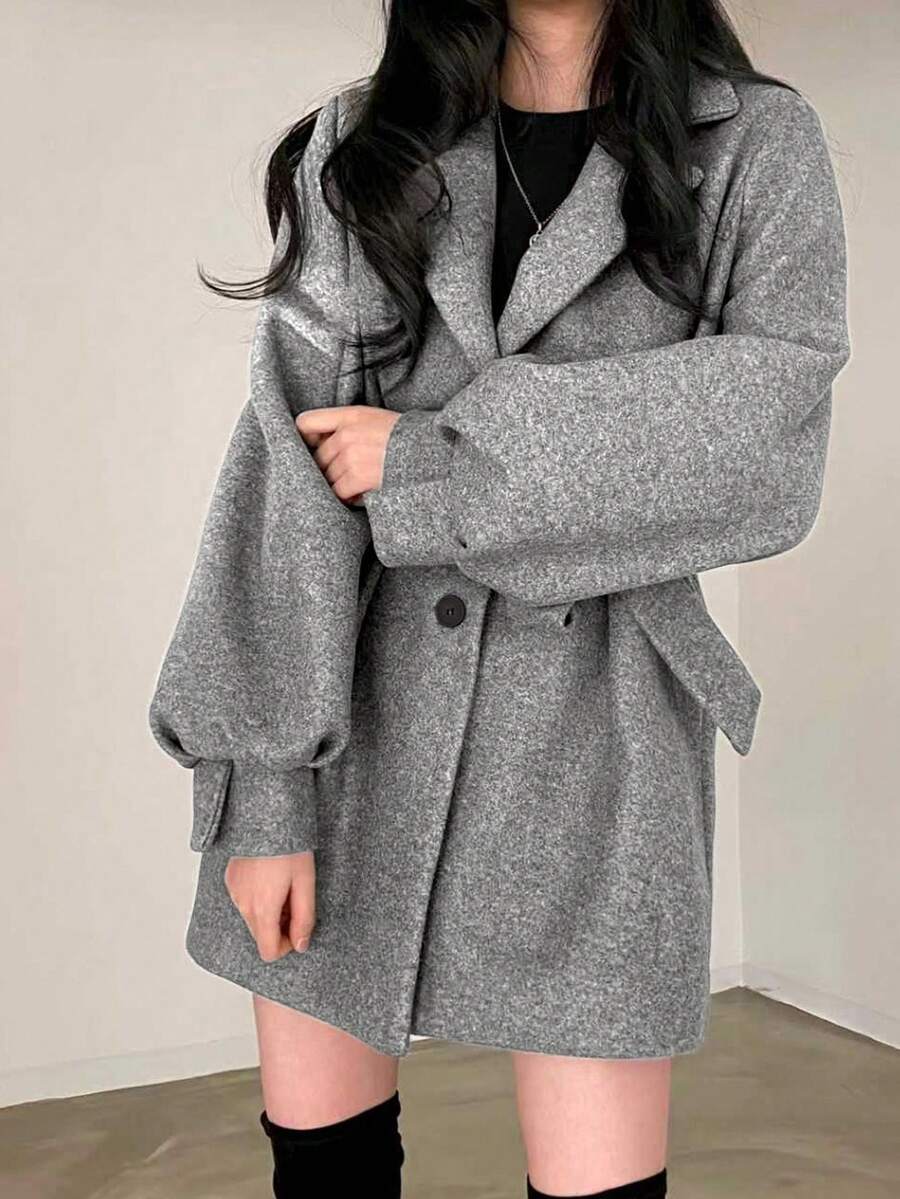 Belted Tweed Double Breasted Long Jacket