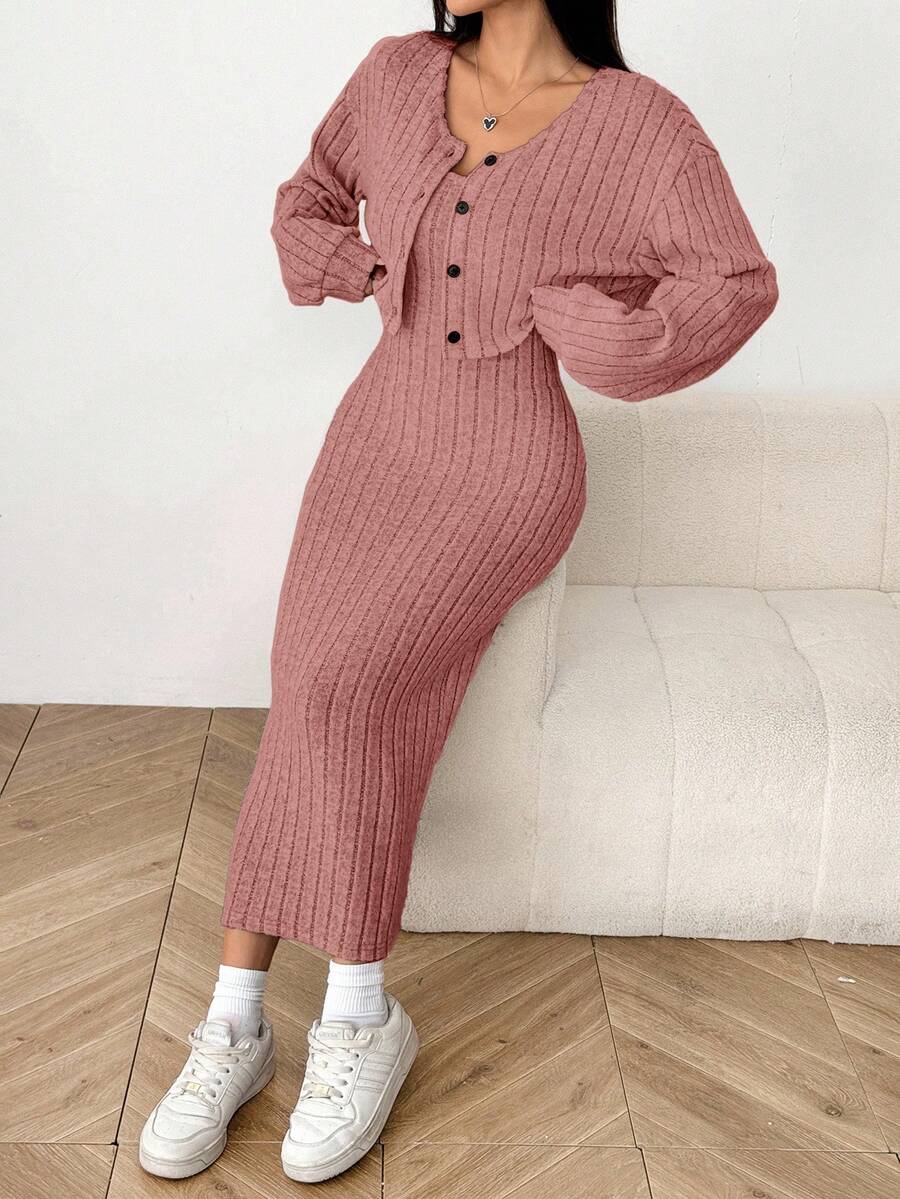 Ribbed Knit Button Jacket and Midi Dress Set