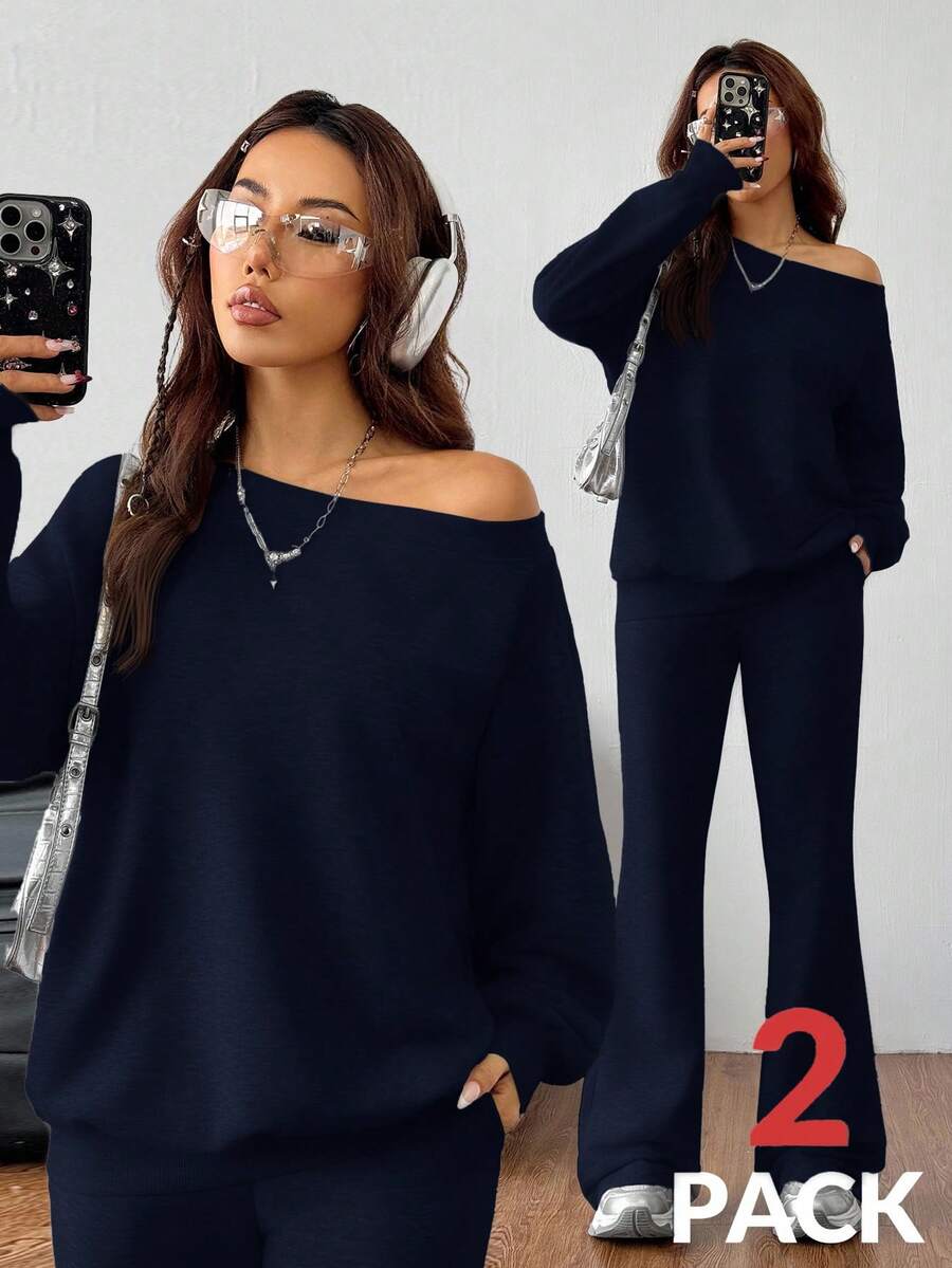 Cold Shoulder Sweatshirt and Flare Pants Set