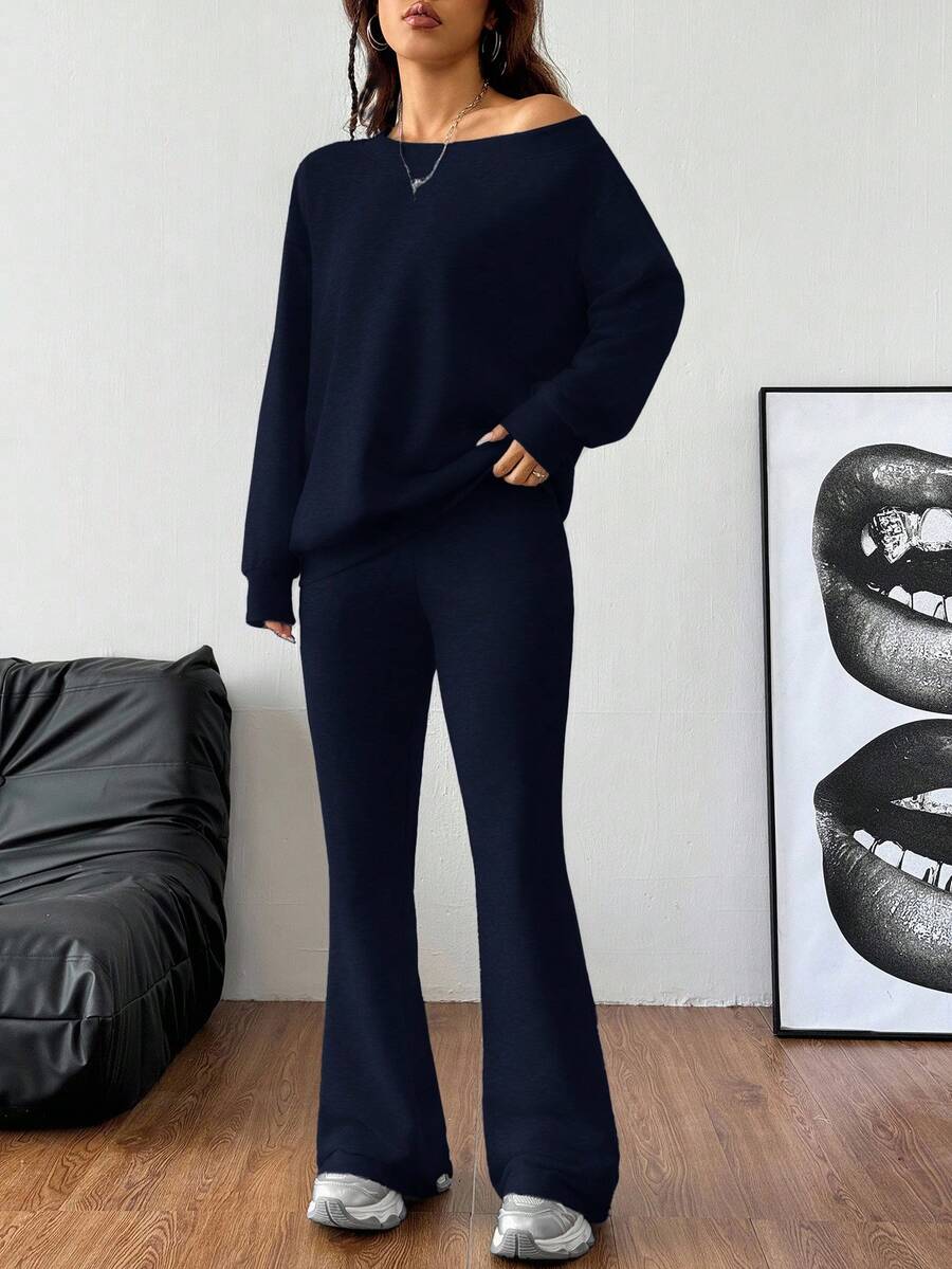 Cold Shoulder Sweatshirt and Flare Pants Set