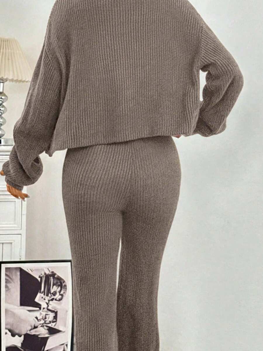 Ribbed Cardigan and Drawstring Flare Pants Set
