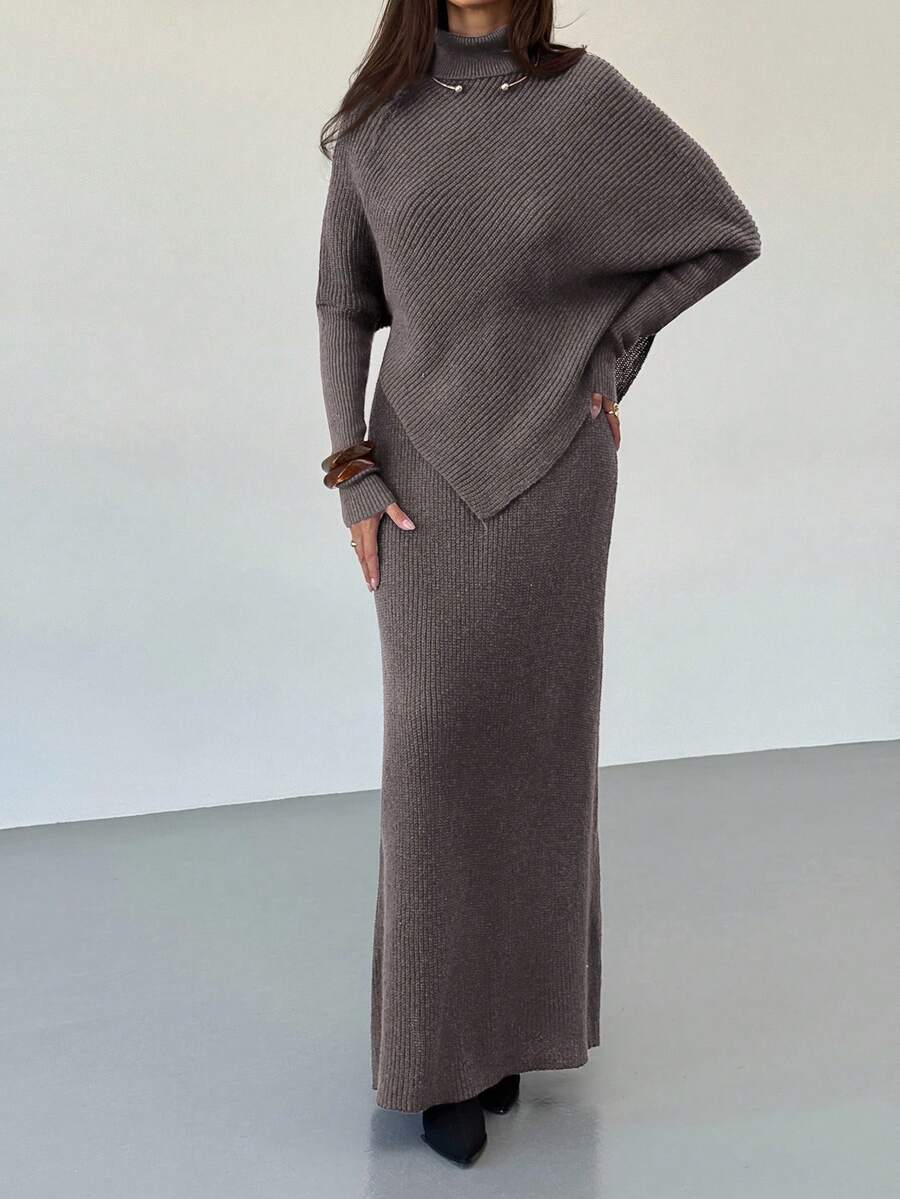 Ribbed Knit High Neck Sweater and Skirt Set